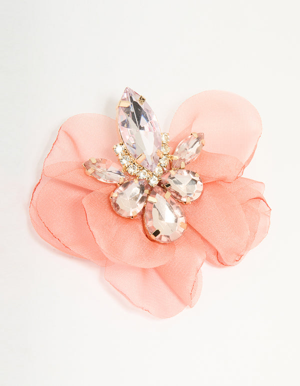 Pink Fabric Diamante Marquise Cluster Flower Petal Earrings