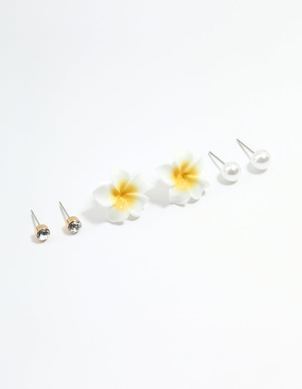 Silver Diamante Pearl & Frangipani Earrings 3-Pack