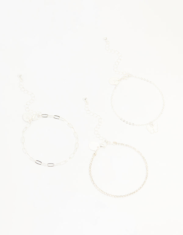 Silver Diamante Chain & Butterfly Bracelets 3-Pack