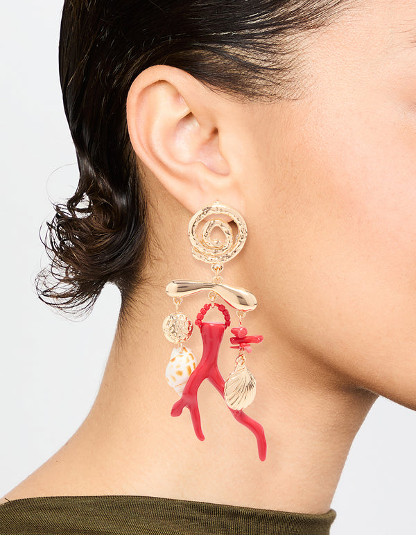 Gold Marble Coral Shell Drop Earrings