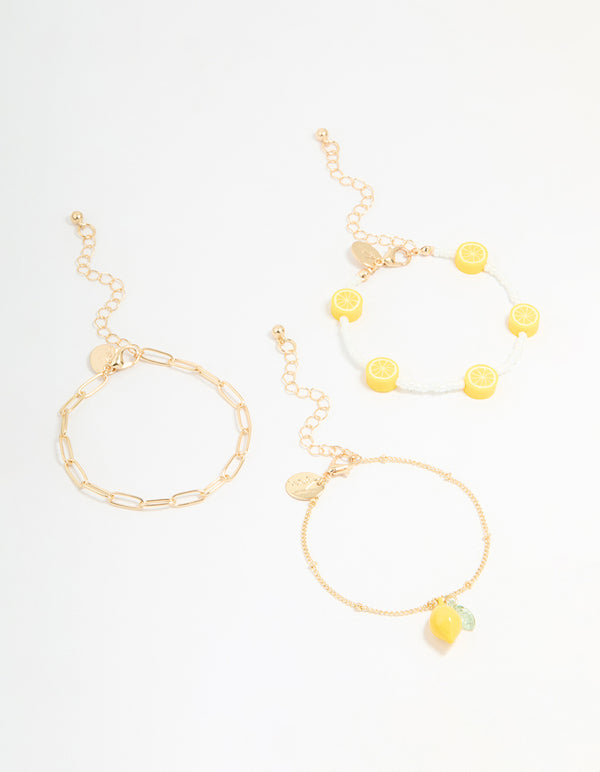 Gold Chain & Lemon Charm Bracelets 3-Pack