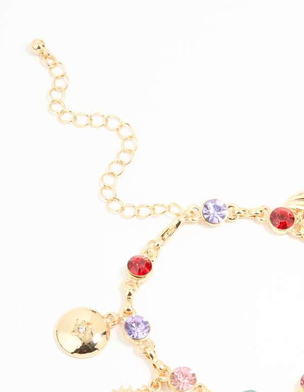 Gold Multicoloured Diamante Heart & Celestial Charm Bracelet