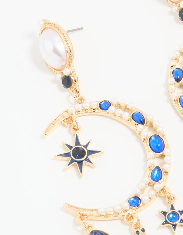 Gold Pearl Blue Diamante Celestial Drop Earrings