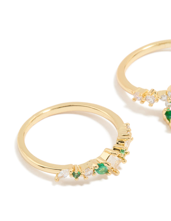 Gold Plated Green Cubic Zirconia Bow & Dainty Rings 2-Pack