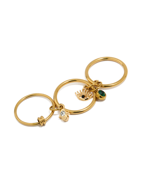 Crafted from waterproof gold plated stainless steel, this evil eye and hamsa hand charm stacked ring features forest green and clear accents side detail view