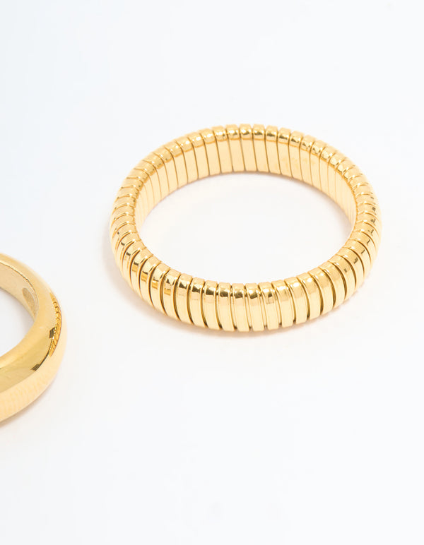 Presenting waterproof gold plated stainless steel ridge and smooth rings 2-pack side detail view