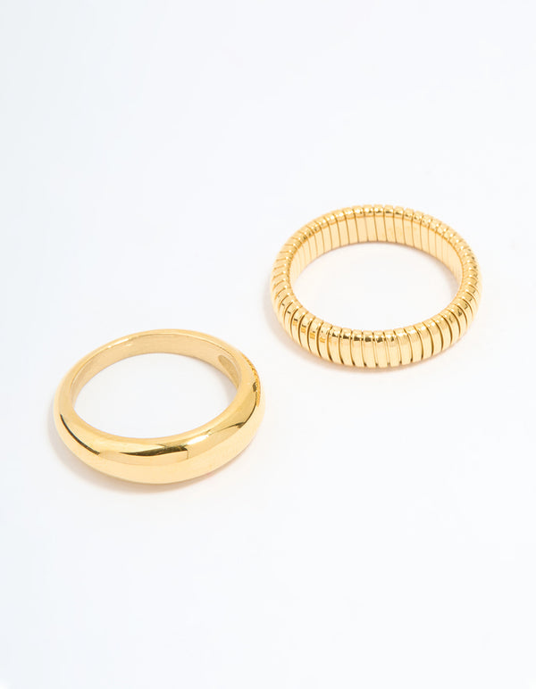 Showcasing waterproof stainless steel ridge and smooth rings crafted from gold plated material in a 2-pack front view