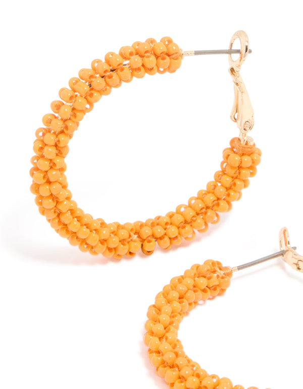 Gold Orange Beaded Hoop Earrings