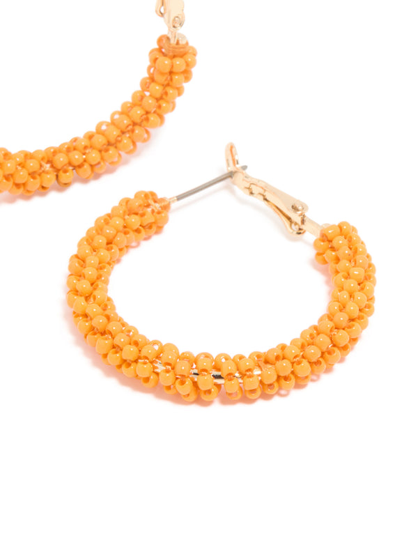 Gold Orange Beaded Hoop Earrings