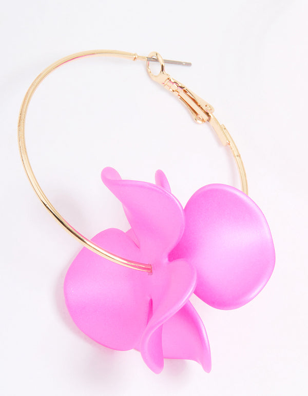 Gold Pink Pearlised Flower Hoop Earrings