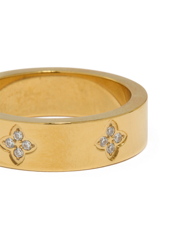 Presenting a waterproof gold plated stainless steel cubic zirconia floral band ring close up view