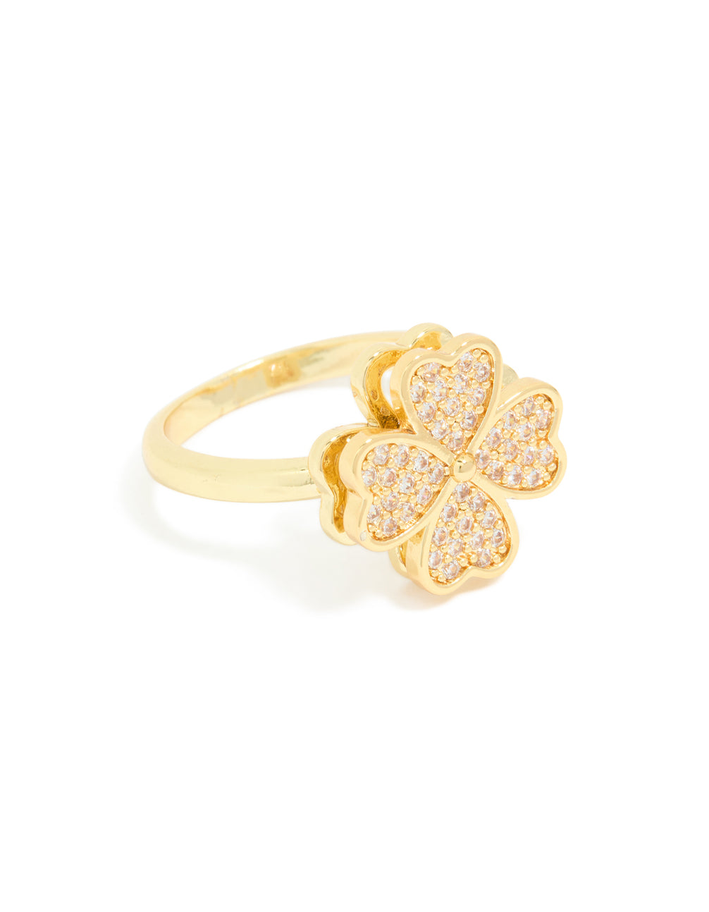 Featuring a waterproof gold plated stainless steel spinning clover ring with floral and heart in statement style side detail view