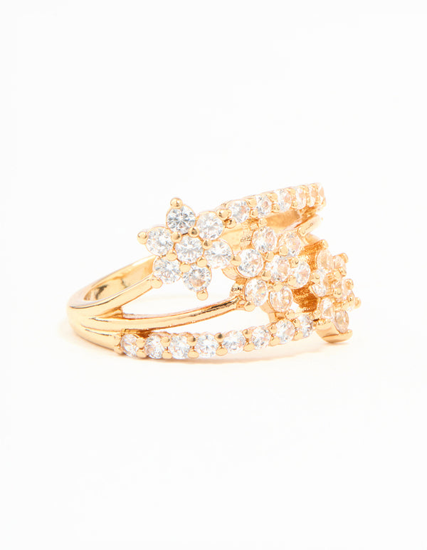 Gold Plated Cubic Zirconia Flower Stacked Ring