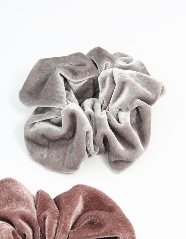Grey & Brown Smooth Velvet Fabric Scrunchies 2-Pack