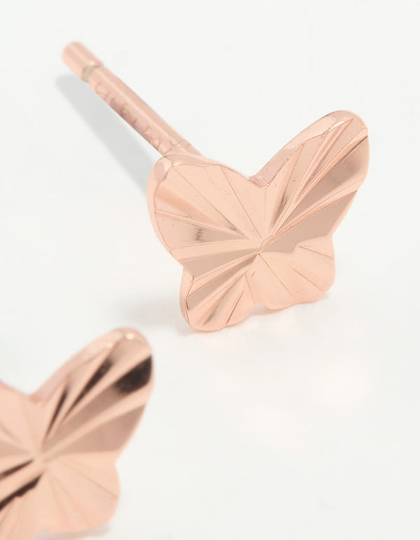 Rose Gold Plated Sterling Silver Ribbed Butterfly Stud Earrings