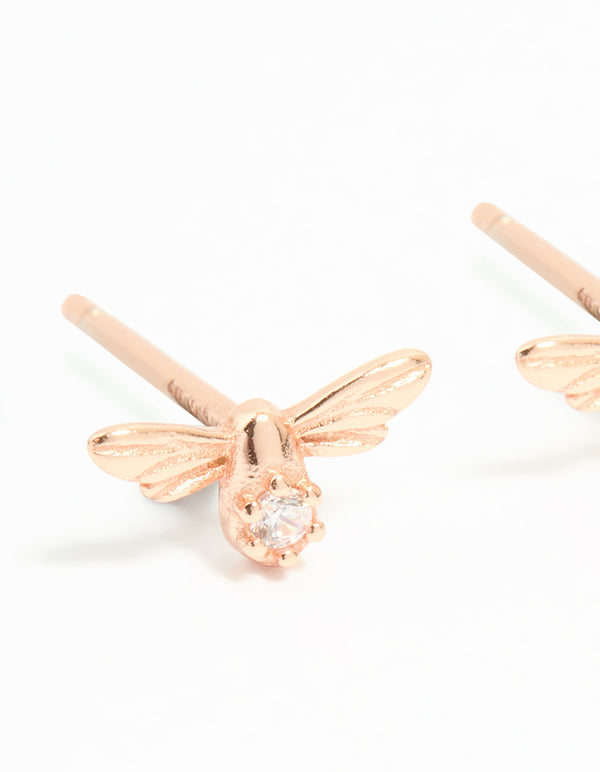 Rose Gold Plated Sterling Silver Cubic Zirconia Bee Stud Earrings