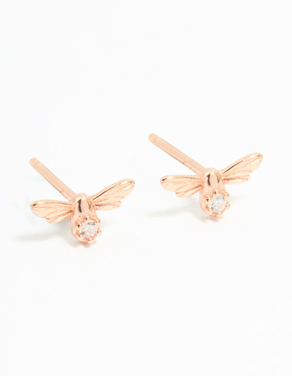 Rose Gold Plated Sterling Silver Cubic Zirconia Bee Stud Earrings