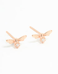 Rose Gold Plated Sterling Silver Cubic Zirconia Bee Stud Earrings