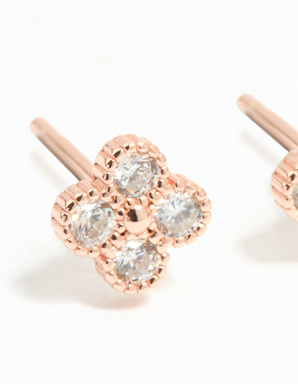 Rose Gold Plated Sterling Silver Cubic Zirconia Flower Stud Earrings