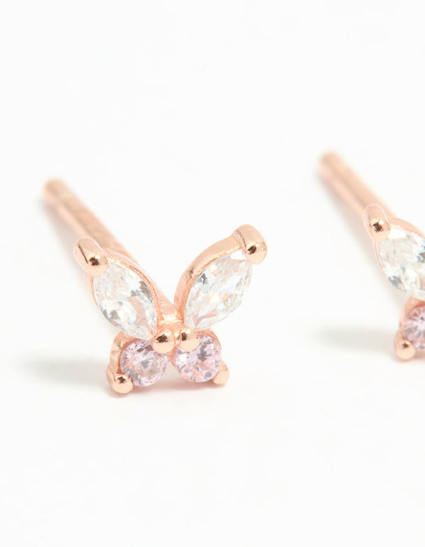 Rose Gold Plated Sterling Silver Cubic Zirconia Butterfly Stud Earrings