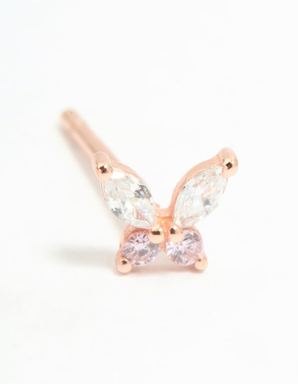 Rose Gold Plated Sterling Silver Cubic Zirconia Butterfly Stud Earrings