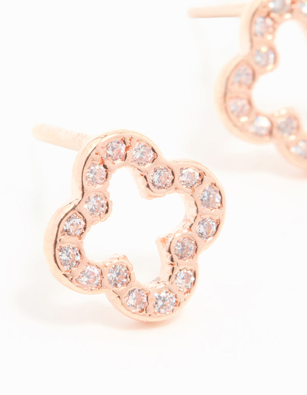 Rose Gold Plated Sterling Silver Hollow Pave Flower Stud Earrings