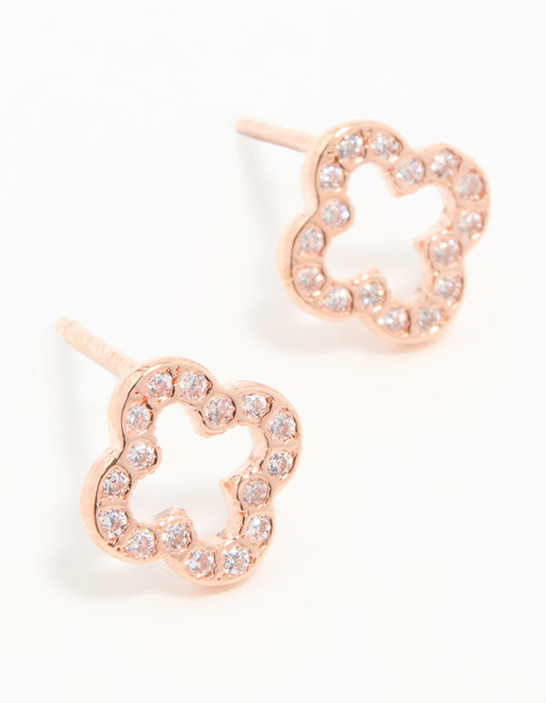 Rose Gold Plated Sterling Silver Hollow Pave Flower Stud Earrings
