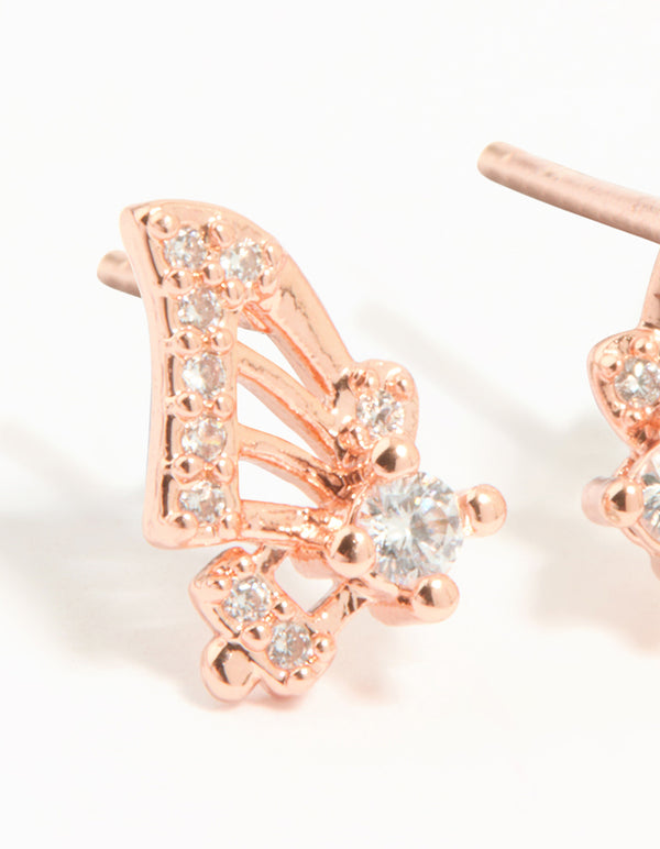 Rose Gold Plated Sterling Silver Cubic Zirconia Butterfly Wing Stud Earrings