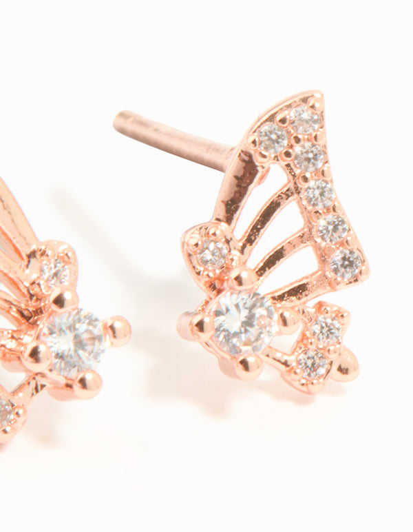 Rose Gold Plated Sterling Silver Cubic Zirconia Butterfly Wing Stud Earrings