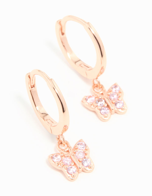 Rose Gold Plated Sterling Silver Cubic Zirconia Butterfly Huggie Earrings