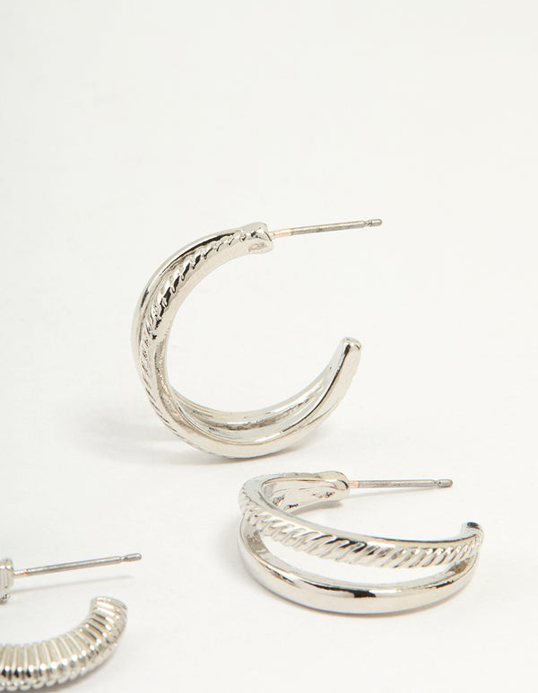 Silver Smooth & Ribbed Hoop Earrings Pack