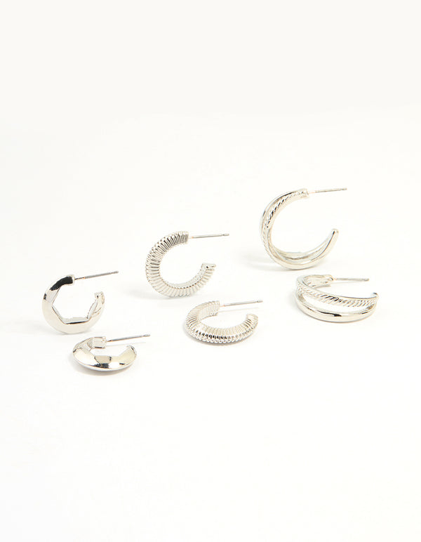 Silver Smooth & Ribbed Hoop Earrings Pack