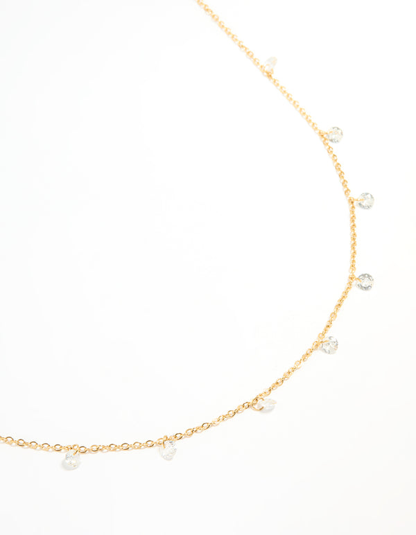 Showcasing a waterproof gold plated stainless steel waist chain with cubic zirconia charms in an embellished pattern front view