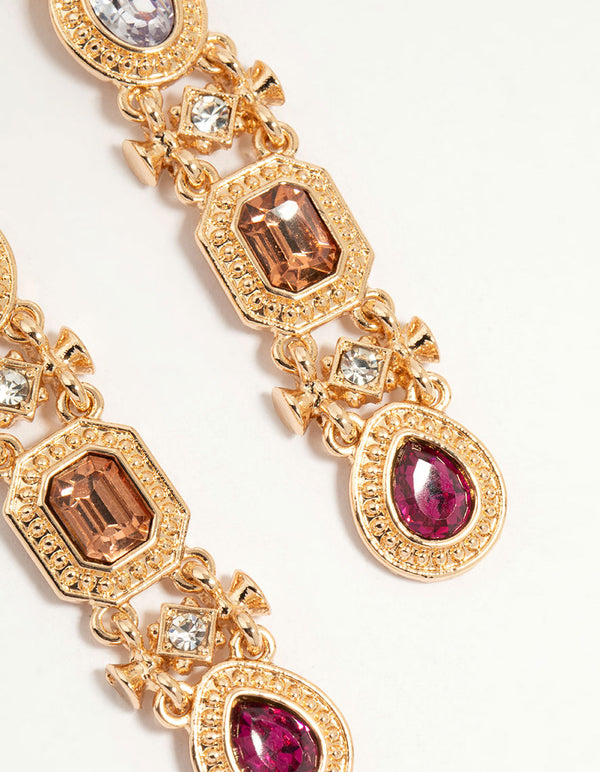 Gold Multicoloured Diamante Link Drop Earrings