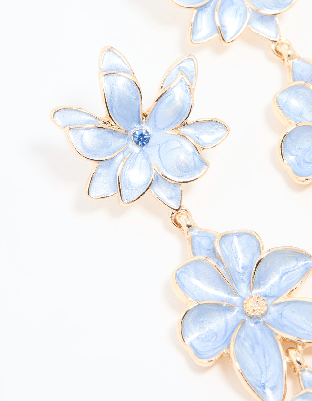 Gold Blue Triple Flower Drop Earrings
