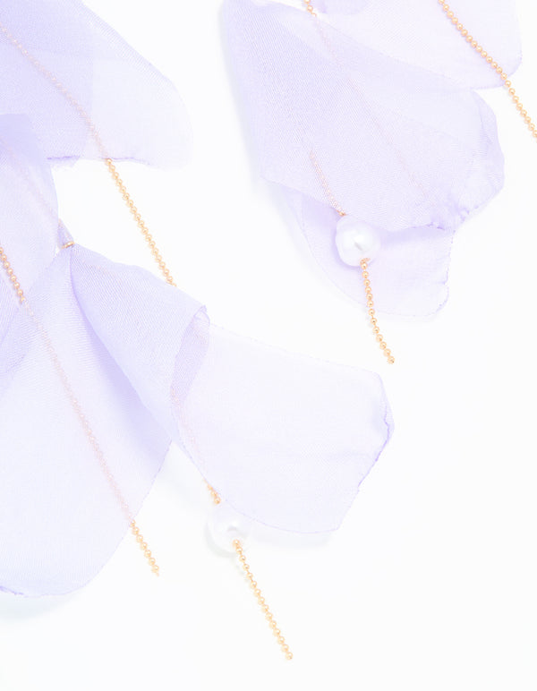 Gold Purple Fabric Petal Drop Earrings