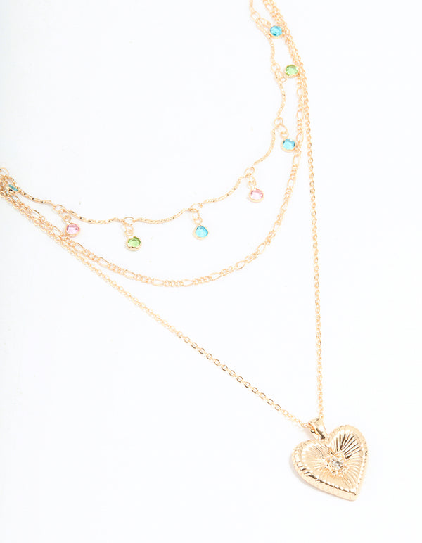 Gold Multicoloured Diamantes & Heart Layered Necklace