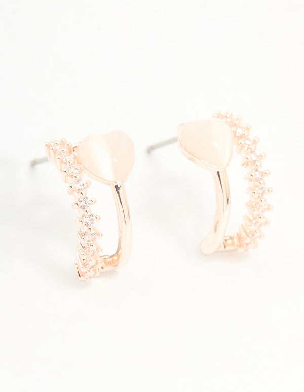 Rose Gold Plated Cubic Zirconia Double Heart Hoop Earrings