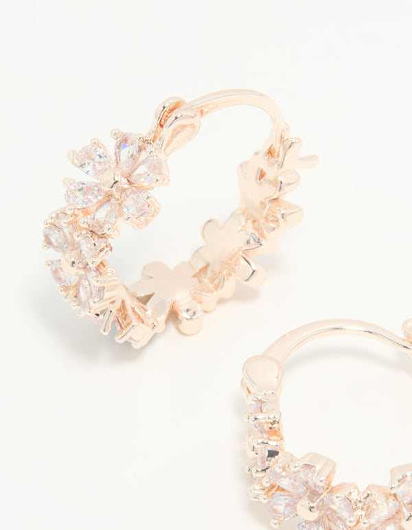 Rose Gold Plated Cubic Zirconia Flower Hoop Earrings