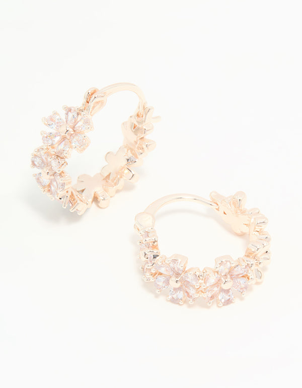 Rose Gold Plated Cubic Zirconia Flower Hoop Earrings