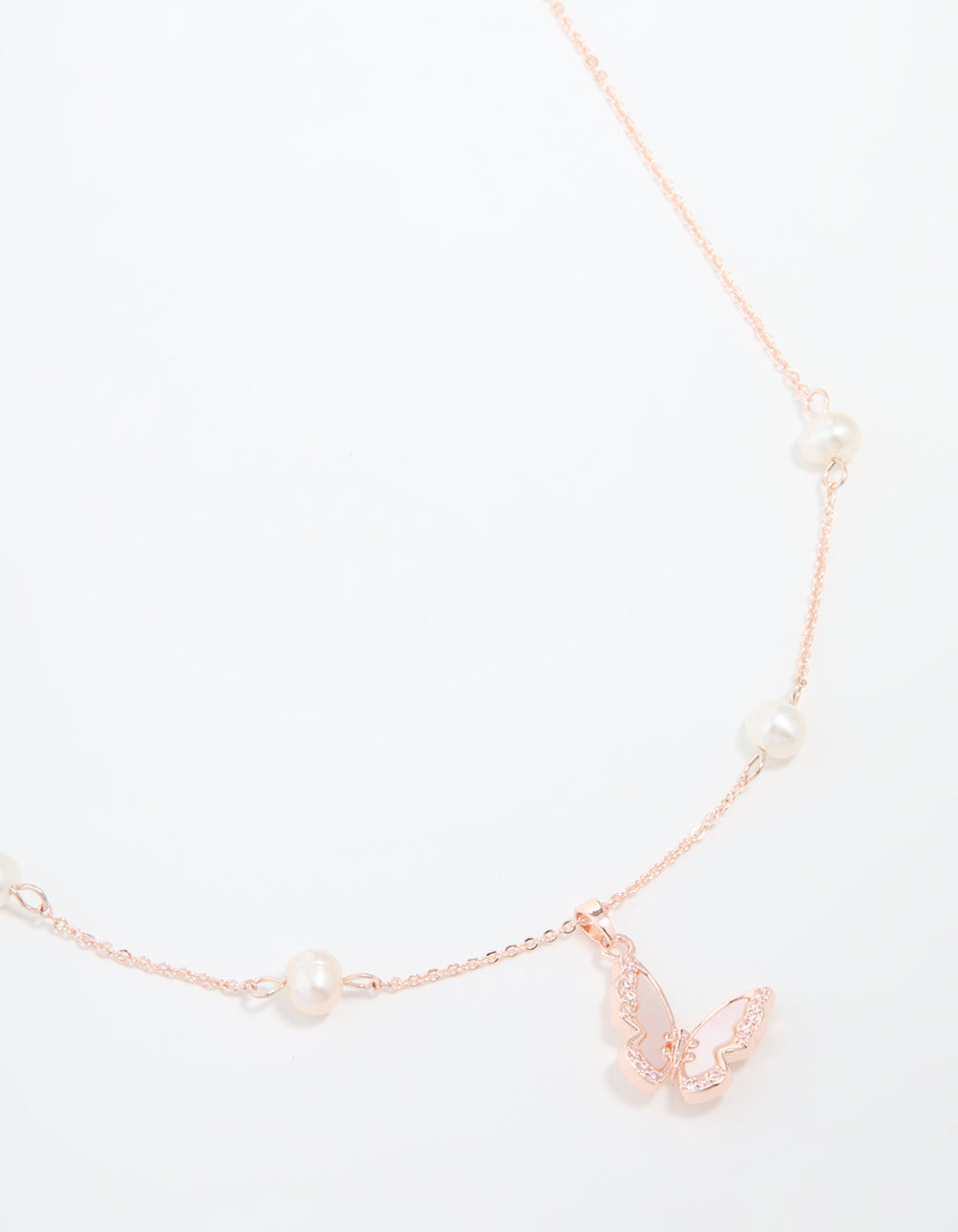 Rose Gold Plated Cubic Zirconia Pearl Butterfly Necklace