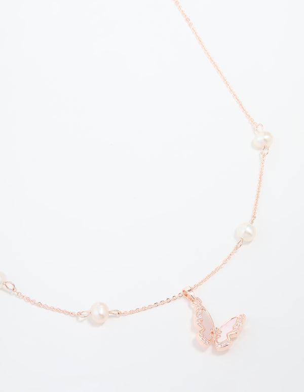 Rose Gold Plated Cubic Zirconia Pearl Butterfly Necklace