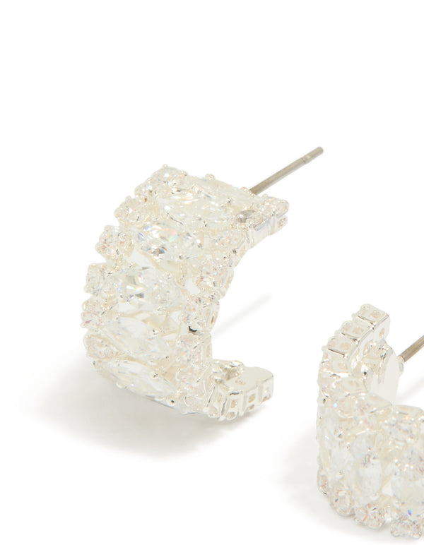 Silver Plated Cubic Zirconia Marquise Center Strap Hoop Earrings
