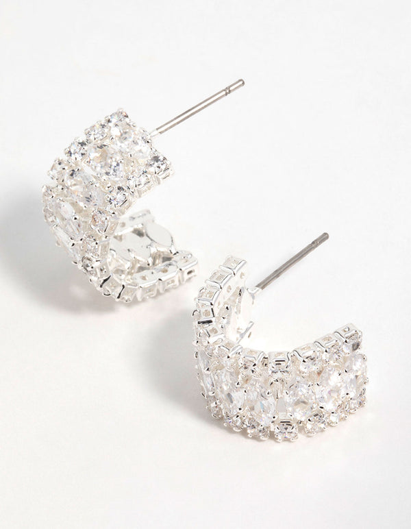 Silver Plated Cubic Zirconia Marquise Center Strap Hoop Earrings