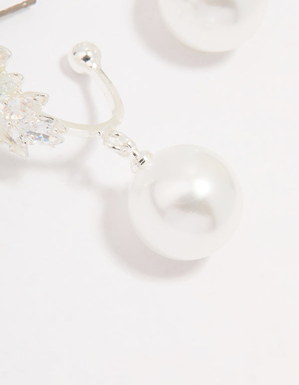 Silver Plated Cubic Zirconia Pearl Vine Hoop Earrings