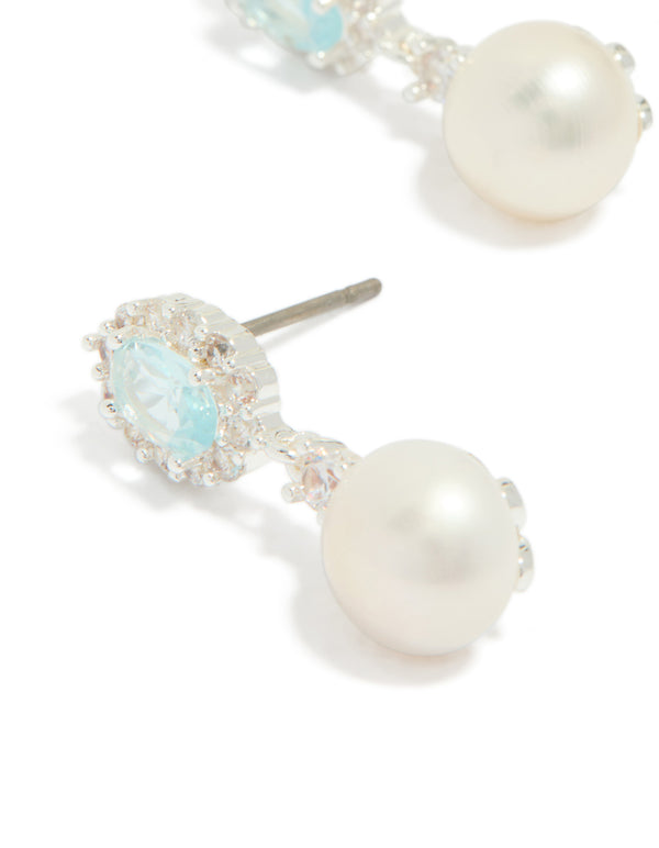 Silver Plated Blue Cubic Zirconia Freshwater Pearl Halo Drop Earrings