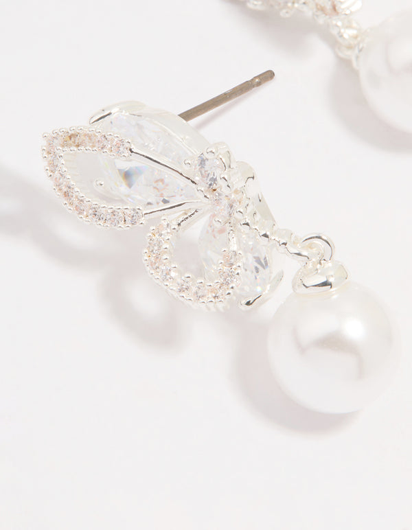 Silver Plated Cubic Zirconia Pearl Butterfly Drop Earrings