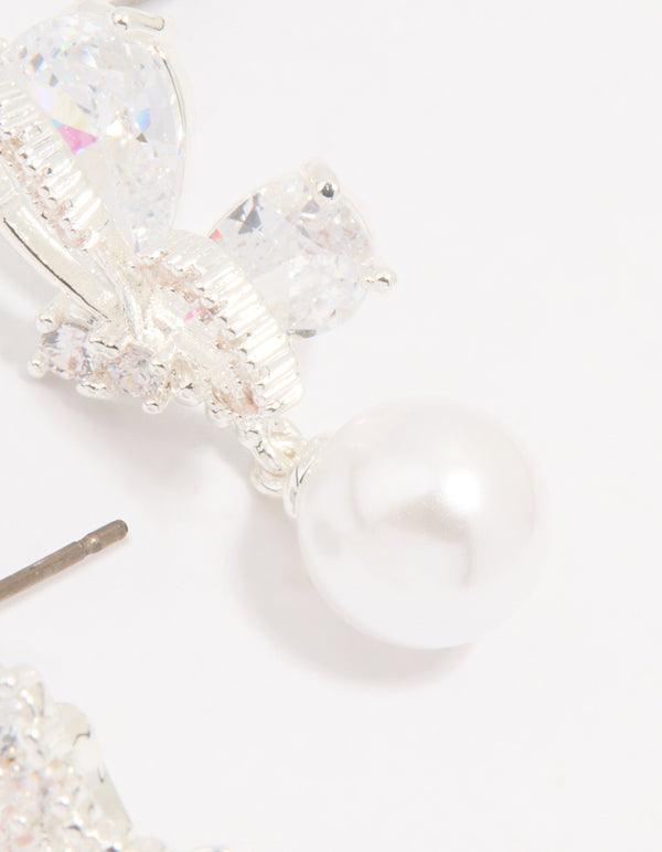Silver Plated Cubic Zirconia Pearl Butterfly Drop Earrings