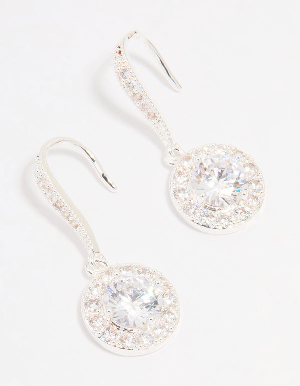 Silver Plated Cubic Zirconia Round Halo Drop Earrings
