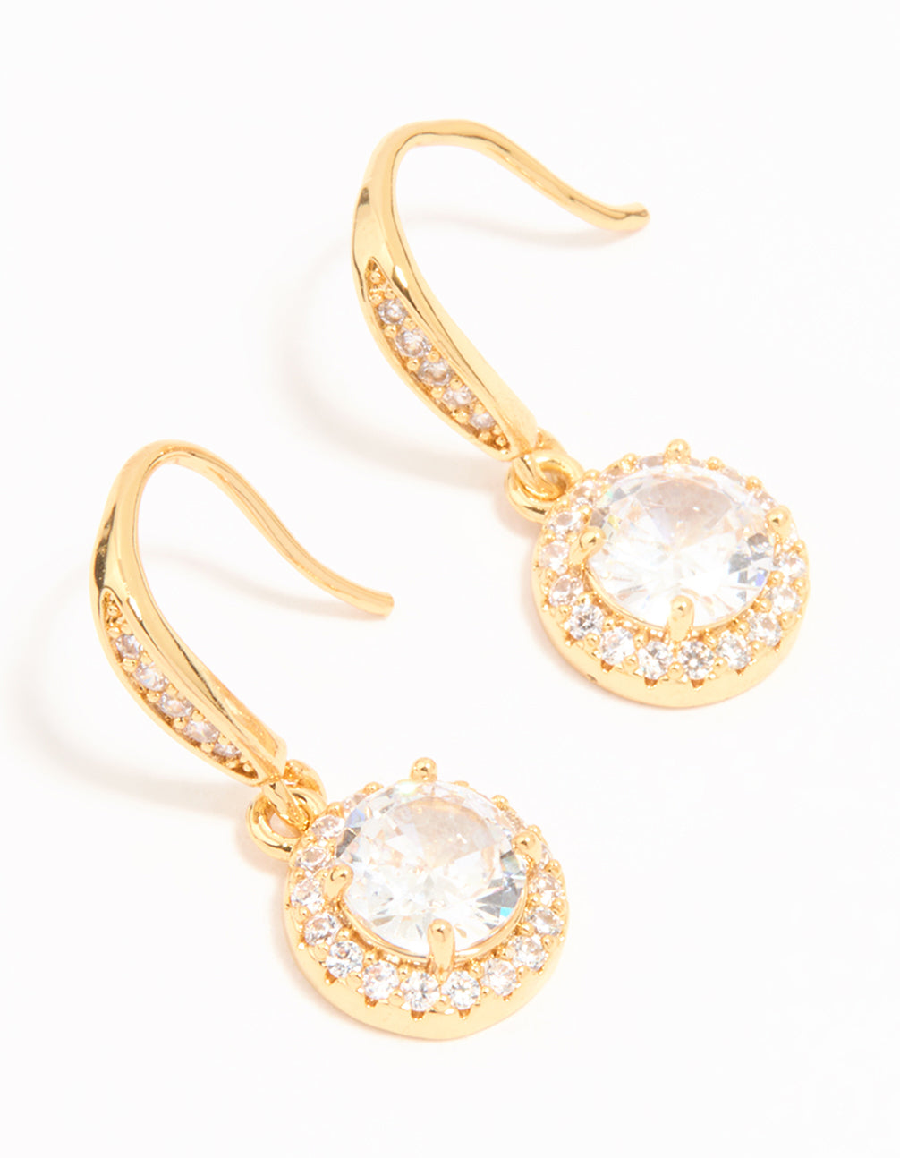 Gold Plated Cubic Zirconia Round Halo Drop Earrings